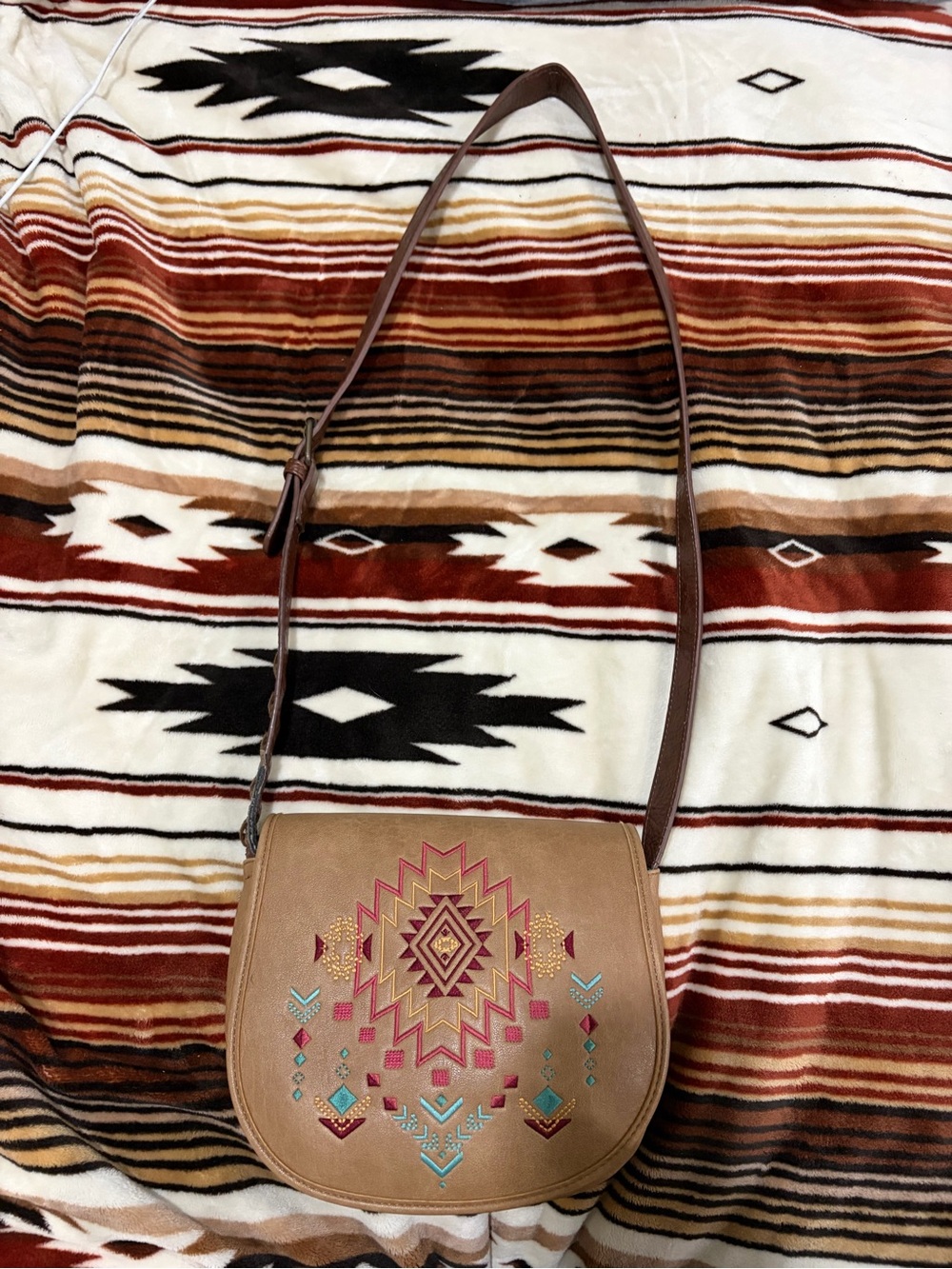 Catchfly Real Brown Leather Embroidered Saddle Crossbody Bag